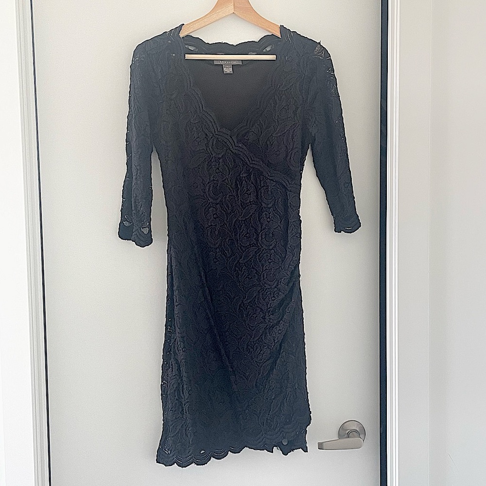 Black Lace 1/4 Sleeve Scallop Neck Dress - Suzy Shier